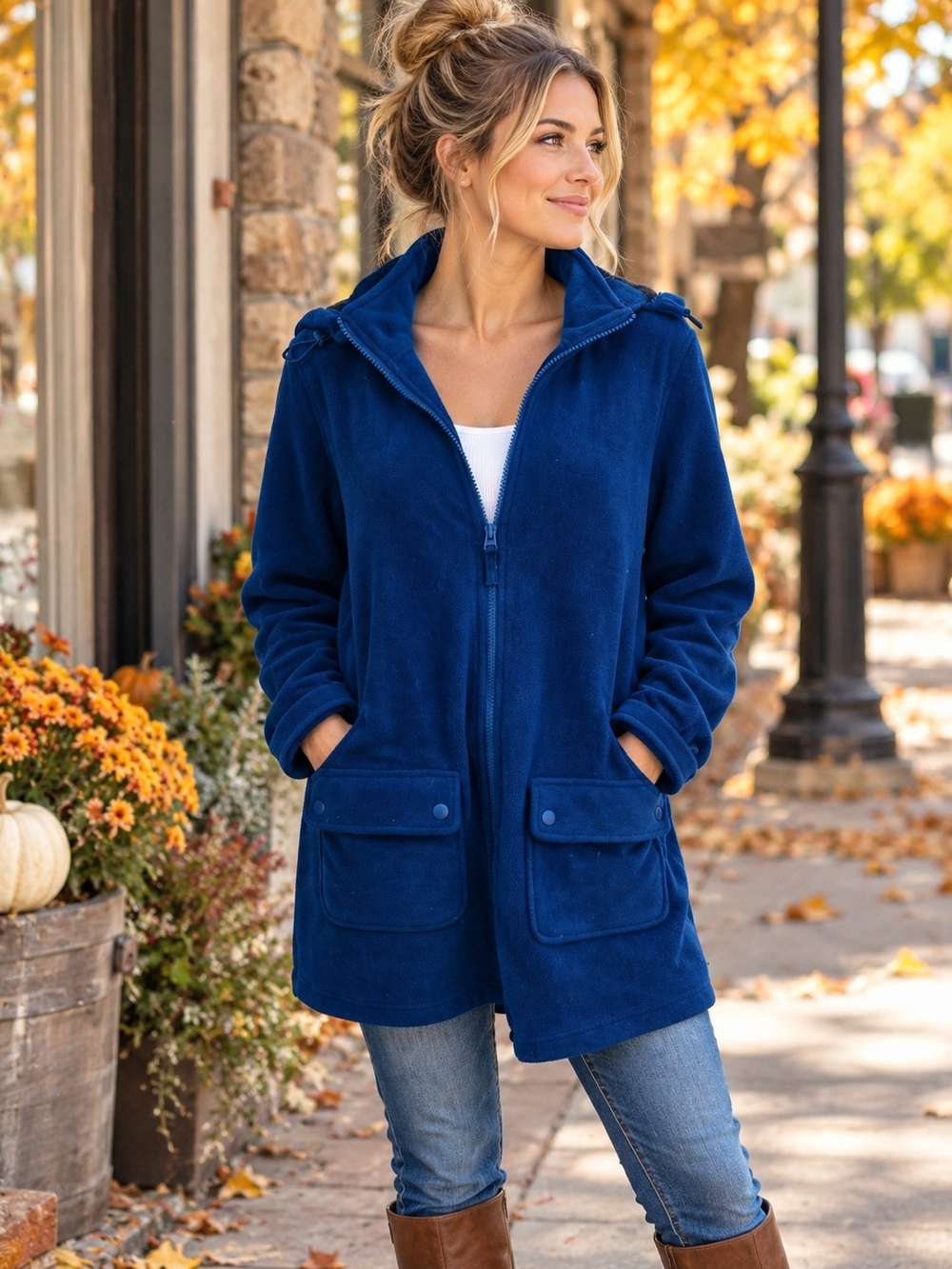 Coldwater Creek Hooded Fleece Jacket Coat Blue Full Zip Pockets Women’s M